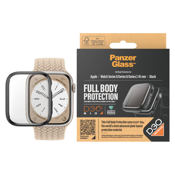 Σκληρυμένο γυαλί Full Body D3O για Apple Watch 9/8/7 45 mm, Μαύρο, PanzerGlass