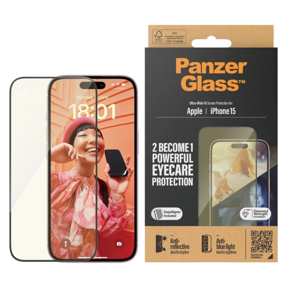 Προστατευτικό γυαλί UWF Eyecare με εφαρμογέα για iPhone 15, Μαύρο, PanzerGlass