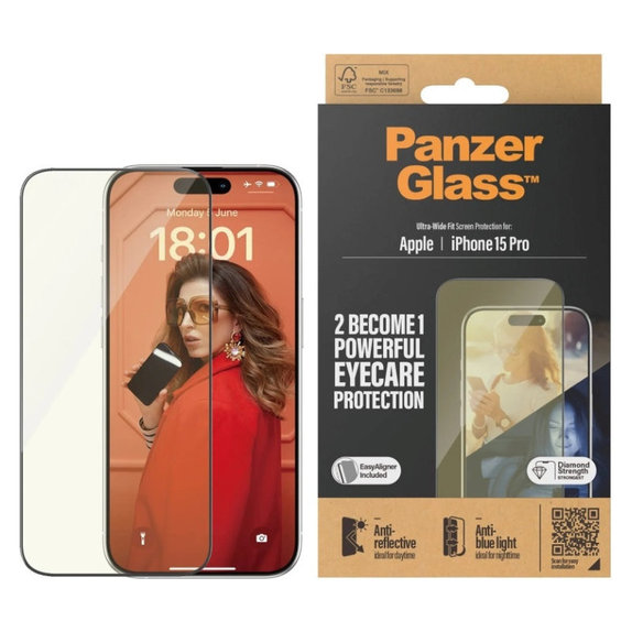Προστατευτικό γυαλί UWF Eyecare με εφαρμογέα για iPhone 15 Pro, Μαύρο, PanzerGlass
