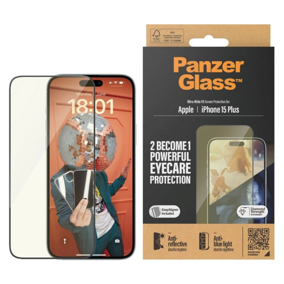 Προστατευτικό γυαλί UWF Eyecare με εφαρμογέα για iPhone 15 Plus, Μαύρο, PanzerGlass