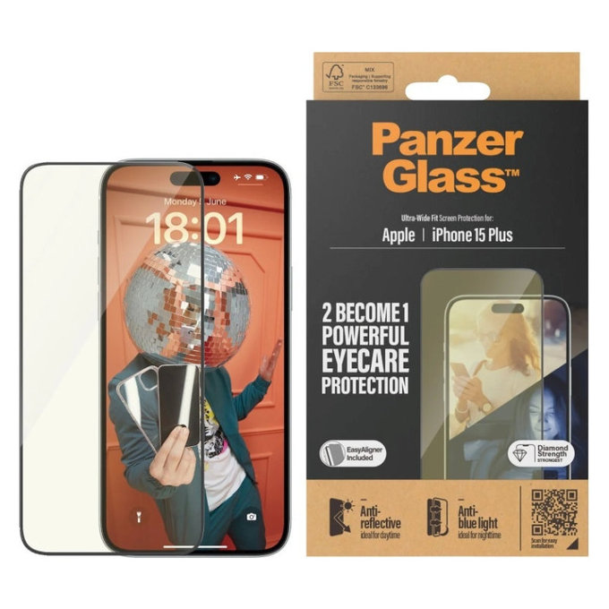 Προστατευτικό γυαλί UWF Eyecare με εφαρμογέα για iPhone 15 Plus, Μαύρο, PanzerGlass