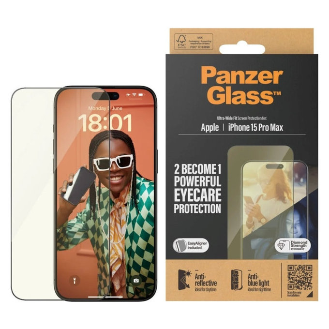 Προστατευτικό γυαλί UWF Eyecare με εφαρμογέα για iPhone 15 Pro Max, Μαύρο, PanzerGlass