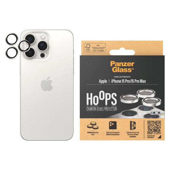 Προστατευτικό φακού κάμερας Hoops για iPhone 15 Pro/15 Pro Max, White Metal, PanzerGlass
