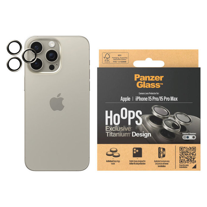 Προστατευτικό φακού κάμερας Hoops για iPhone 15 Pro/15 Pro Max, Natural Titanium, PanzerGlass