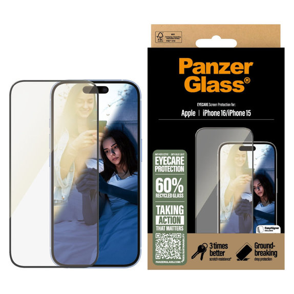 Προστατευτικό γυαλί UWF Eyecare με εφαρμογέα για iPhone 16/15, Μαύρο, PanzerGlass