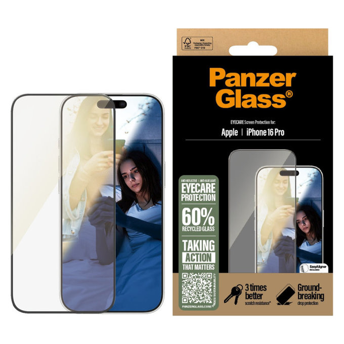 Προστατευτικό γυαλί UWF Eyecare με εφαρμογέα για iPhone 16 Pro, Μαύρο, PanzerGlass