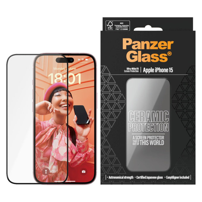 Προστατευτικό γυαλί UWF Ceramic με εφαρμογέα για iPhone 15, Μαύρο, PanzerGlass