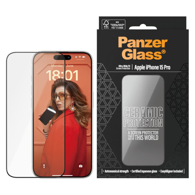 Προστατευτικό γυαλί UWF Ceramic με εφαρμογέα για iPhone 15 Pro, Μαύρο, PanzerGlass