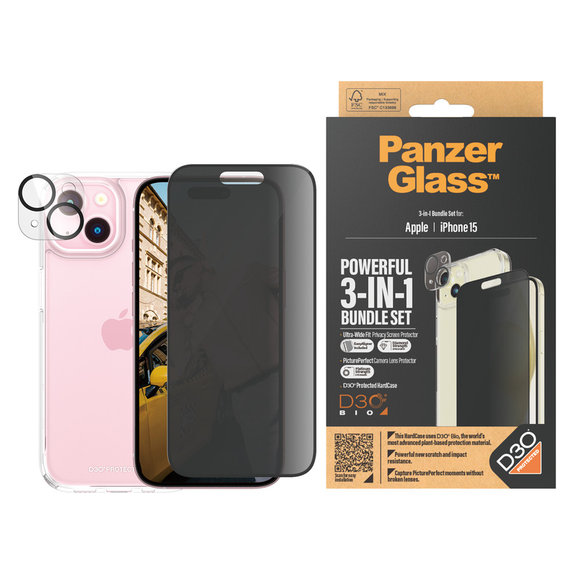 Bundle PicturePerfect + Σκληρυμένο γυαλί UWF Privacy + Hard Case D3O για iPhone 15, PanzerGlass