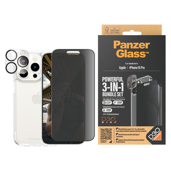 Bundle PicturePerfect + Σκληρυμένο γυαλί UWF Privacy + Hard Case D3O για iPhone 15 Pro, PanzerGlass