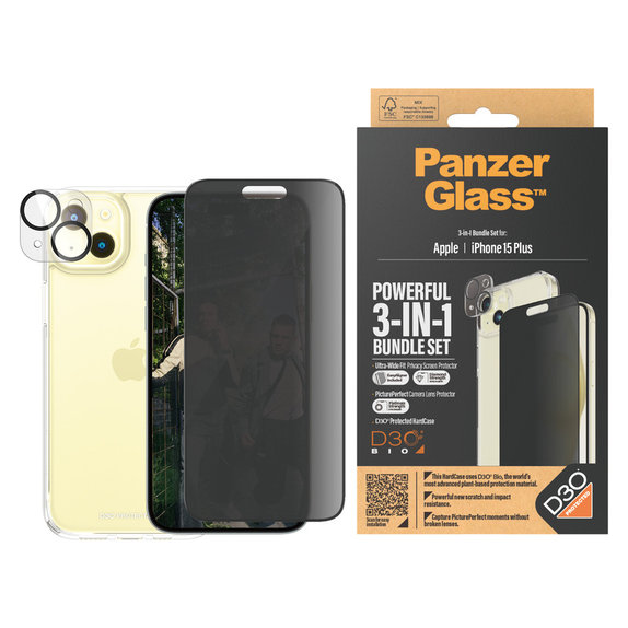 Bundle PicturePerfect + Σκληρυμένο γυαλί UWF Privacy + Hard Case D3O για iPhone 15 Plus, PanzerGlass