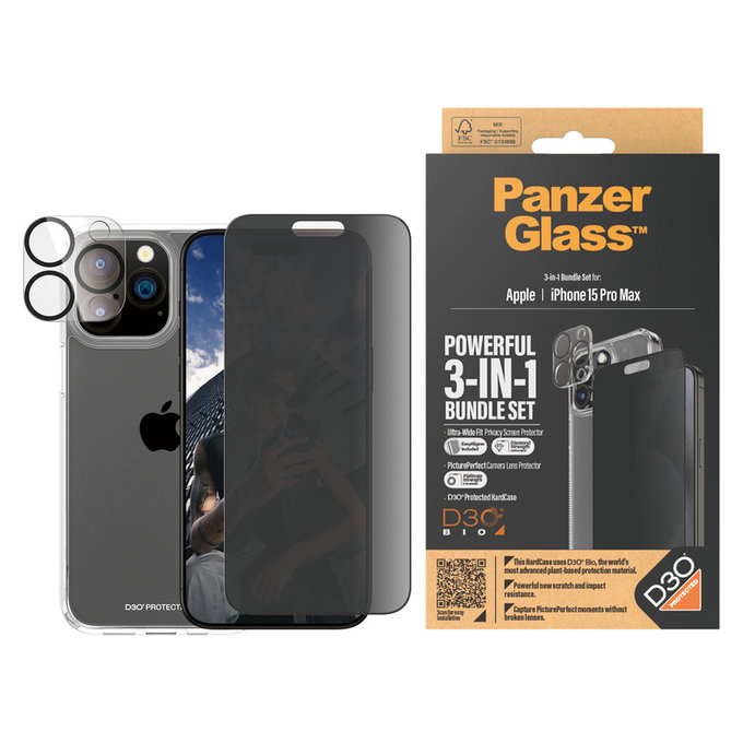 Bundle PicturePerfect + Σκληρυμένο γυαλί UWF Privacy + Hard Case D3O για iPhone 15 Pro Max, PanzerGlass