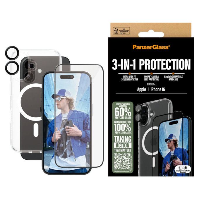 Bundle 3 σε 1 Hoops + Σκληρυμένο γυαλί UWF + Hard Case για iPhone 16, PanzerGlass