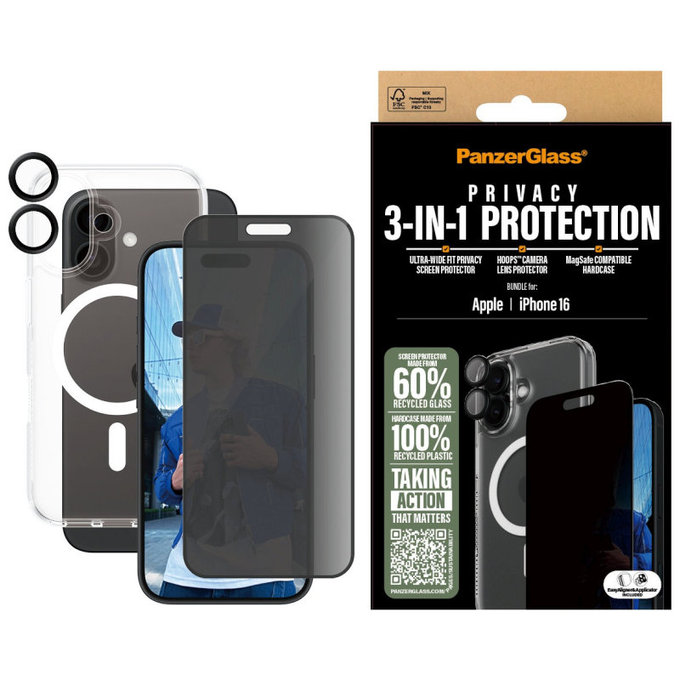 Bundle Hoops + Σκληρυμένο γυαλί UWF Privacy + Hard Case για iPhone 16, PanzerGlass