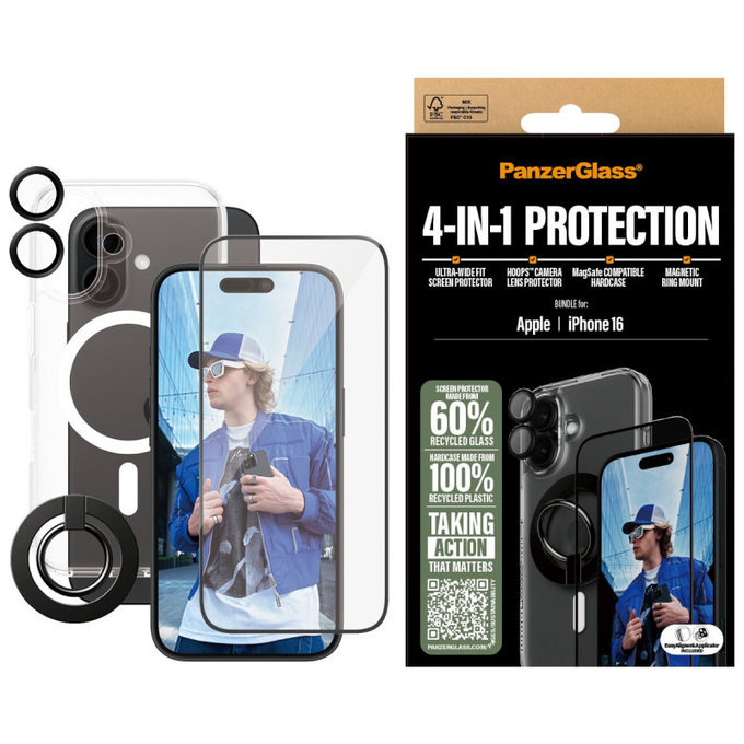 Bundle Hoops + Σκληρυμένο γυαλί UWF + Hard Case + Magnetic Ring Mount για iPhone 16, PanzerGlass