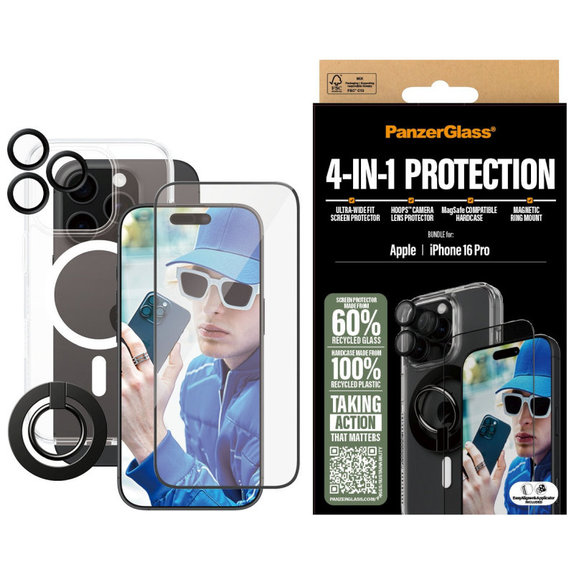Bundle Hoops + Σκληρυμένο γυαλί UWF + Hard Case + Magnetic Ring Mount για iPhone 16 Pro, PanzerGlass