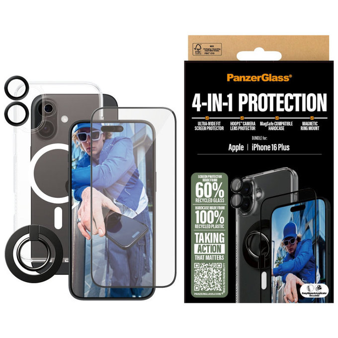 Bundle Hoops + Σκληρυμένο γυαλί UWF + Hard Case + Magnetic Ring Mount για iPhone 16 Plus, PanzerGlass