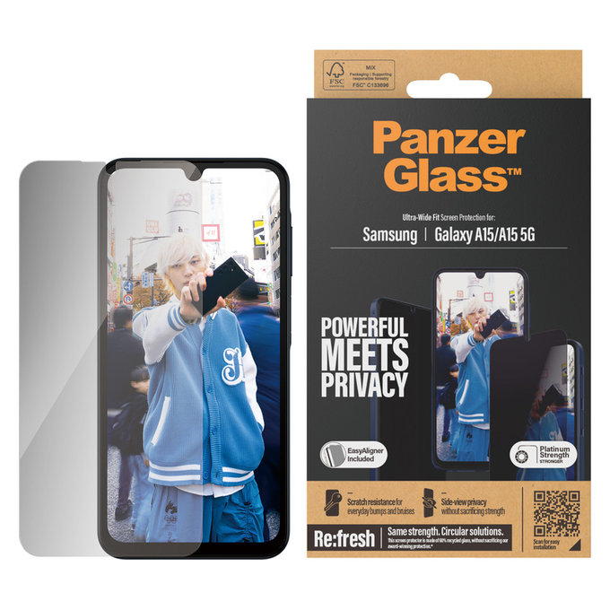 Σκληρυμένο γυαλί UWF Privacy με εφαρμογέα για Samsung Galaxy A15/A15 5G, Μαύρο, PanzerGlass