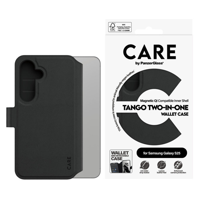 Θήκη Wallet Tango Two-In-One με QI για Samsung Galaxy S25, Μαύρο, PanzerGlass