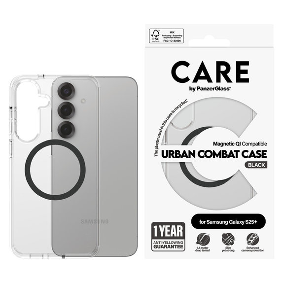 Θήκη Urban Combat με μαύρο QI για Samsung Galaxy S25+, Διάφανο, PanzerGlass
