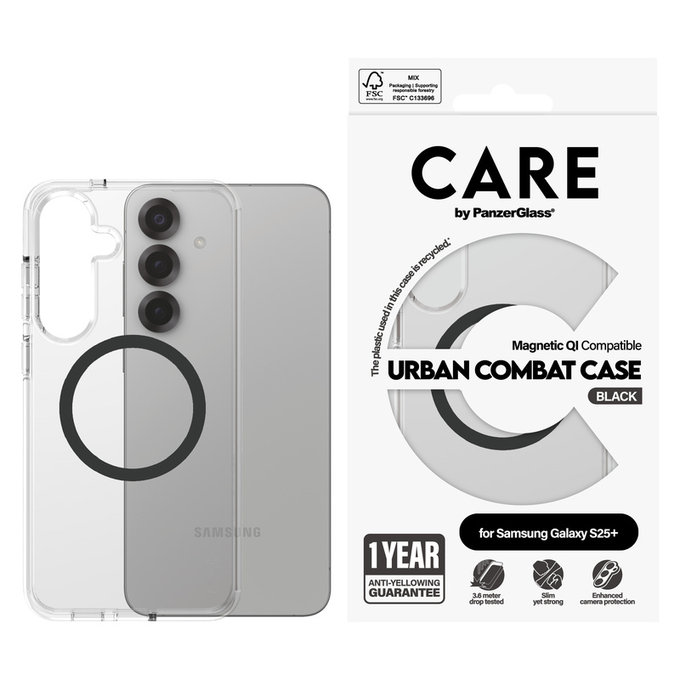 Θήκη Urban Combat με μαύρο QI για Samsung Galaxy S25+, Διάφανο, PanzerGlass
