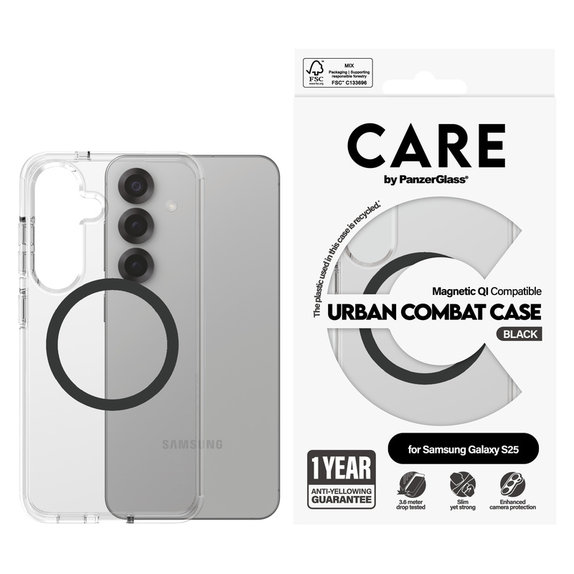 Θήκη Urban Combat με μαύρο QI για Samsung Galaxy S25, Διάφανο, PanzerGlass