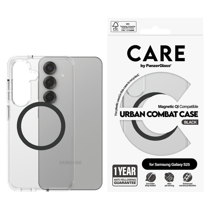 Θήκη Urban Combat με μαύρο QI για Samsung Galaxy S25, Διάφανο, PanzerGlass
