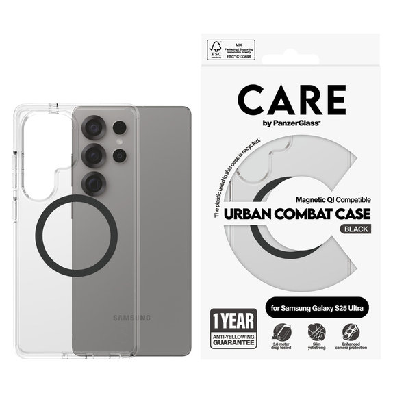 Θήκη Urban Combat με μαύρο QI για Samsung Galaxy S25 Ultra, Διάφανο, PanzerGlass