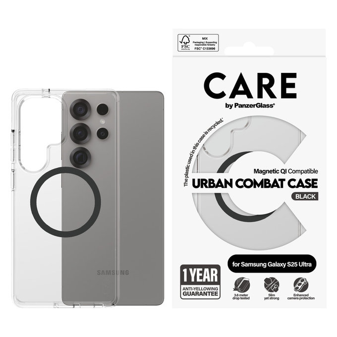 Θήκη Urban Combat με μαύρο QI για Samsung Galaxy S25 Ultra, Διάφανο, PanzerGlass