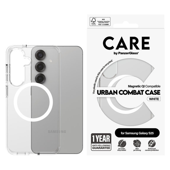 Θήκη Urban Combat με λευκό QI για Samsung Galaxy S25, Διάφανο, PanzerGlass