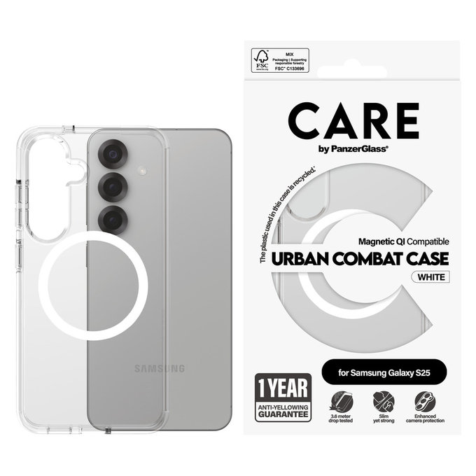 Θήκη Urban Combat με λευκό QI για Samsung Galaxy S25, Διάφανο, PanzerGlass