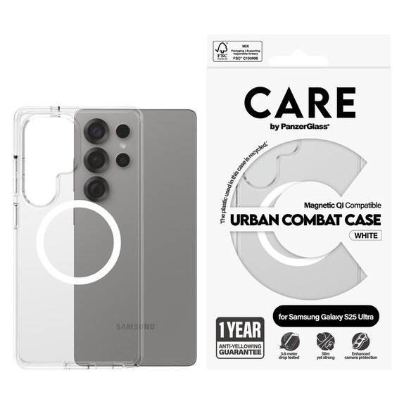 Θήκη Urban Combat με λευκό QI για Samsung Galaxy S25 Ultra, Διάφανο, PanzerGlass