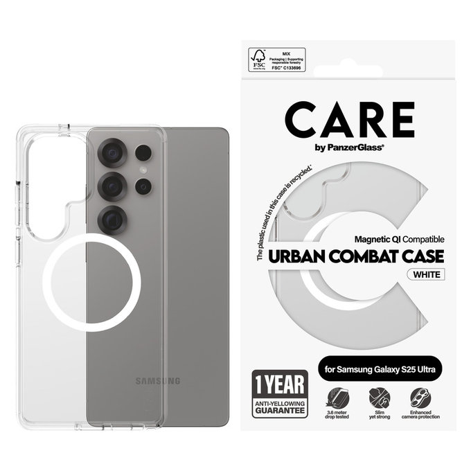 Θήκη Urban Combat με λευκό QI για Samsung Galaxy S25 Ultra, Διάφανο, PanzerGlass
