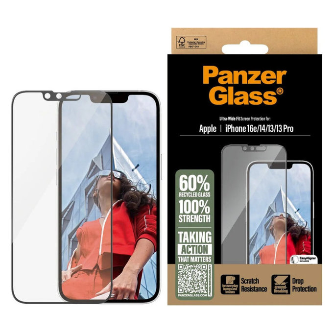 Σκληρυμένο γυαλί UWF με εφαρμογέα για iPhone 17e/16e/14/13/13 Pro, Μαύρο, PanzerGlass