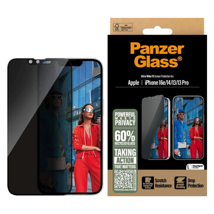 Σκληρυμένο γυαλί UWF Privacy με εφαρμογέα για iPhone 17e/16e/14/13/13 Pro, Μαύρο, PanzerGlass