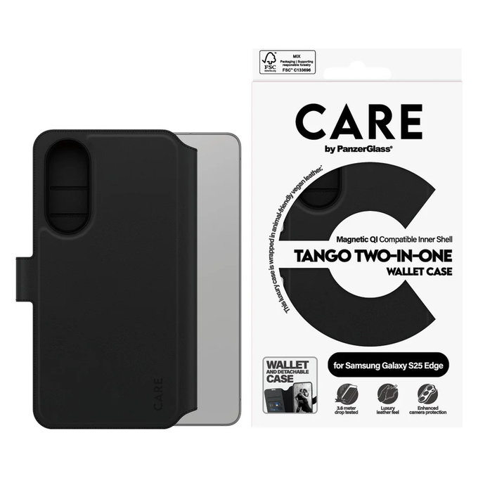 Θήκη Wallet Tango Two-In-One με QI για Samsung Galaxy S25 Edge, Μαύρο, PanzerGlass