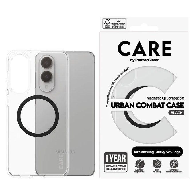 Θήκη Urban Combat με μαύρο QI για Samsung Galaxy S25 Edge, Διάφανο, PanzerGlass