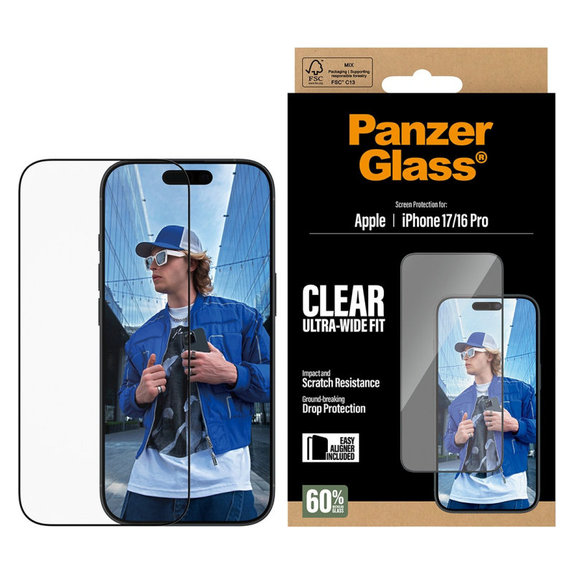 Σκληρυμένο γυαλί UWF με εφαρμογέα για iPhone 17/16 Pro, Μαύρο, PanzerGlass
