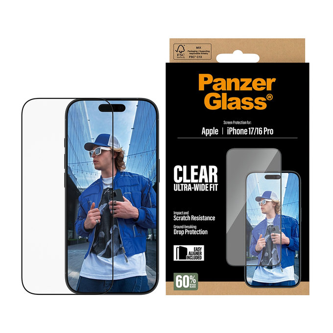 Σκληρυμένο γυαλί UWF με εφαρμογέα για iPhone 17/16 Pro, Μαύρο, PanzerGlass
