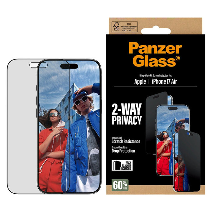 Προστατευτικό γυαλί UWF 2-Way Privacy με εφαρμογέα για iPhone 17 Air, Μαύρο, PanzerGlass