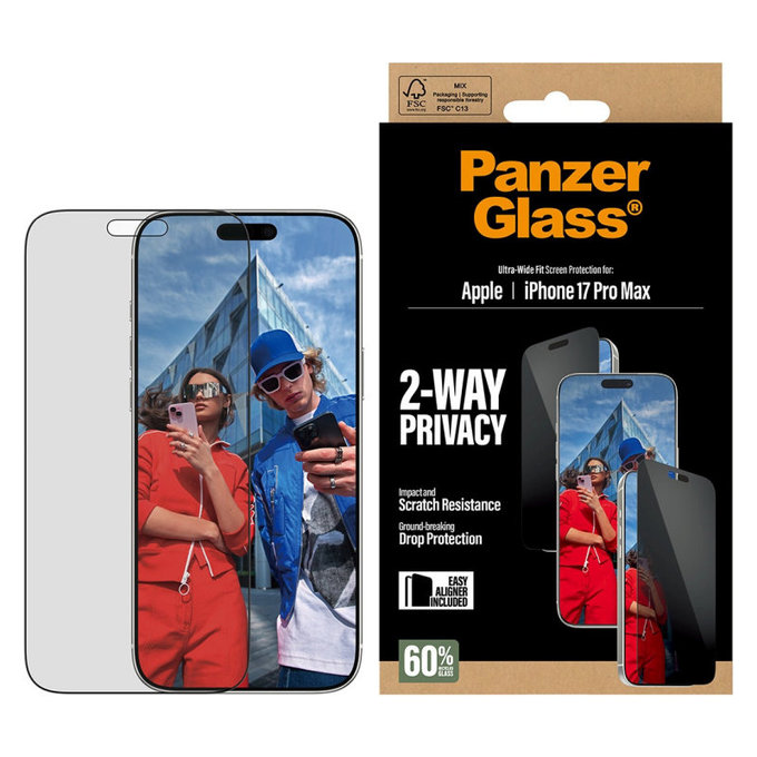 Σκληρυμένο γυαλί UWF 2-Way Privacy με Fastfit για iPhone 17 Pro Max, Μαύρο, PanzerGlass