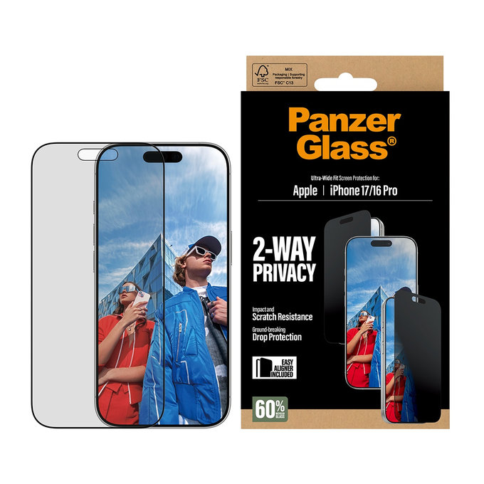 Σκληρυμένο γυαλί UWF 2-Way Privacy με Fastfit για iPhone 17/16 Pro, Μαύρο, PanzerGlass