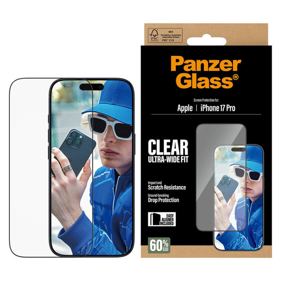 Σκληρυμένο γυαλί UWF με εφαρμογέα για iPhone 17 Pro, Μαύρο, PanzerGlass