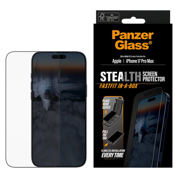 Προστατευτικό γυαλί UWF Stealth με Fastfit για iPhone 17 Pro Max, Μαύρο, PanzerGlass