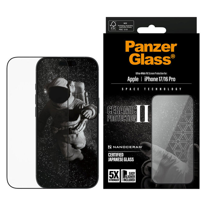 Σκληρυμένο γυαλί UWF Ceramic II με Fastfit για iPhone 17/16 Pro, Μαύρο, PanzerGlass