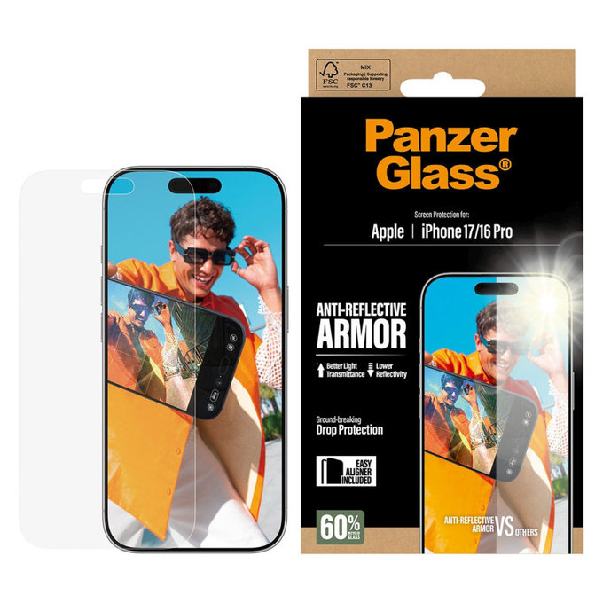 Προστατευτικό γυαλί Anti-Reflective με εφαρμογέα για iPhone 17/16 Pro, Μαύρο, PanzerGlass