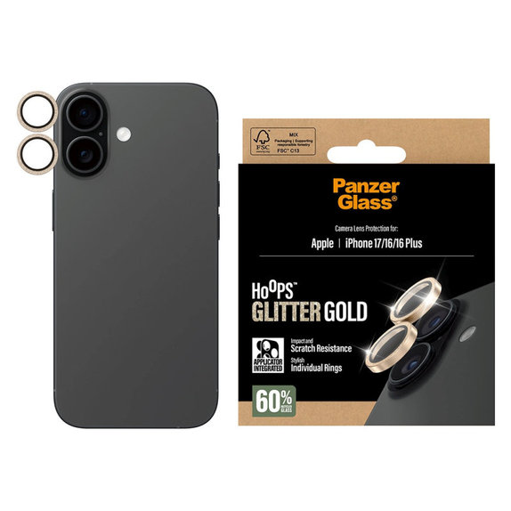 Προστατευτικό φακού κάμερας Hoops για iPhone 17/16 Plus/16, Glitter Gold, PanzerGlass
