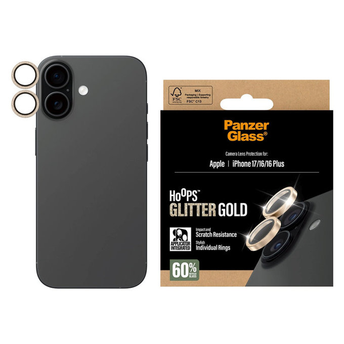 Προστατευτικό φακού κάμερας Hoops για iPhone 17/16 Plus/16, Glitter Gold, PanzerGlass