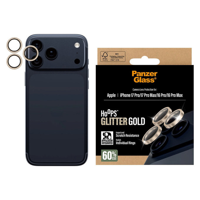 Προστατευτικό φακού κάμερας Hoops για iPhone 17 Pro Max/17 Pro/16 Pro Max/16 Pro, Glitter Gold, PanzerGlass