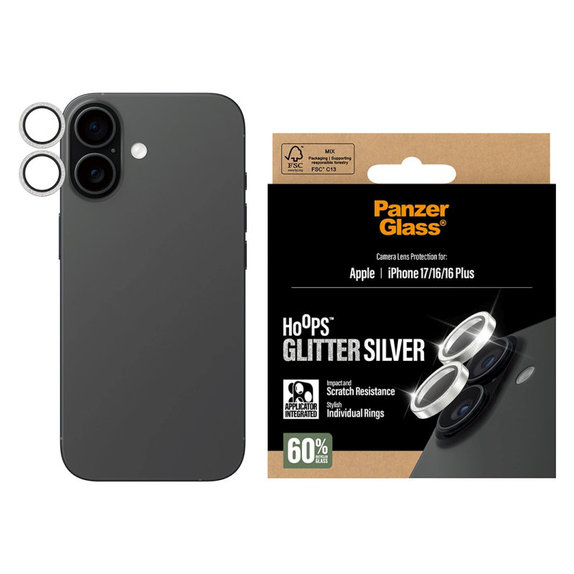 Προστατευτικό φακού κάμερας Hoops για iPhone 17/16 Plus/16, Glitter Silver, PanzerGlass